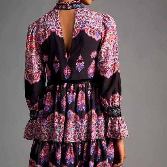 Anthropologie Dresses & Skirts - NWT Anthropologie Mini Dress Boho Beaded High Neck Pink & Brown Size 0